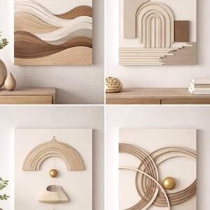 May include: Four abstract wall art pieces. Each features a neutral color palette with beige, brown, and gold accents. Designs include layered shapes, arches, and circular patterns, creating a modern, minimalist aesthetic. The art is mounted on white backgrounds.