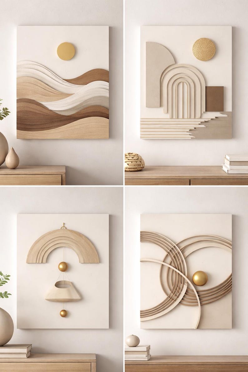 May include: Four abstract wall art pieces. Each features a neutral color palette with beige, brown, and gold accents. Designs include layered shapes, arches, and circular patterns, creating a modern, minimalist aesthetic. The art is mounted on white backgrounds.