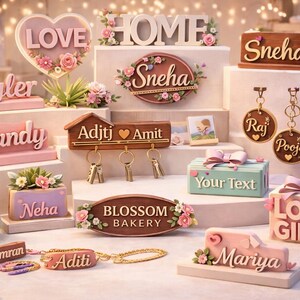 May include: A collection of personalized decorative items, including signs, keychains, and gift boxes. The items feature names, the word "LOVE", and floral accents in pastel colors. Some items include the text "HOME", "BLOSSOM BAKERY", and "LOVE GIFTS".
