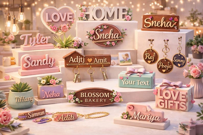 May include: A collection of personalized decorative items, including signs, keychains, and gift boxes. The items feature names, the word "LOVE", and floral accents in pastel colors. Some items include the text "HOME", "BLOSSOM BAKERY", and "LOVE GIFTS".