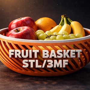 May include: An orange fruit basket filled with red apples, an orange, green grapes, and bananas. The basket has a slatted design and the words "FRUIT BASKET STL/3MF" are displayed on the front.