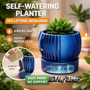 May include: A blue self-watering planter with a green succulent plant. The planter has a ribbed design and a visible water level. Text on the image reads "SELF-WATERING PLANTER", "NO LIFTING REQUIRED", "4 REFILL GAPS", and "VISIBLE WATER LEVEL".