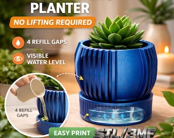 Maceta con sistema de autorriego (archivo STL/3MF para impresión 3D), maceta para plantas de interior, decoración moderna para el hogar.