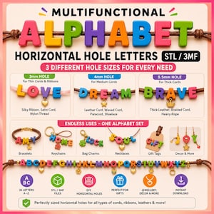 Letras redondeadas multifuncionales del alfabeto STL/3MF, con agujeros horizontales, ideales para joyería, decoración con nombres y regalos.