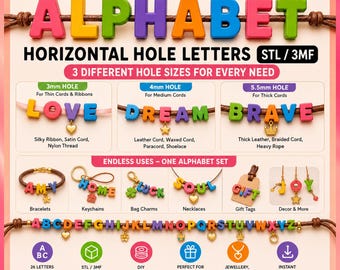 Multifunctional Alphabet rounded Letters STL /3MF, HORIZONTAL HOLES, Jewellery, Name Décor Gifts.