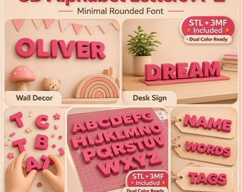May include: Pink 3D alphabet letters A-Z in a minimal rounded font. The image shows the word "OLIVER" as wall decor, the word "DREAM" as a desk sign, and individual letters for DIY crafts. Also included are tags labeled "NAME", "WORDS", and "TAGS".