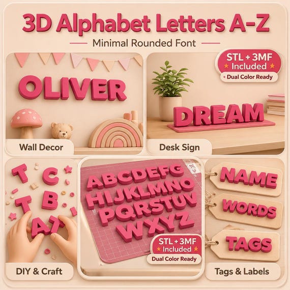 Alphabet Letters A–Z ,3DPrint file, STL, Dual Colour 3MF, Rounded Letters Learning, DIY Crafts
