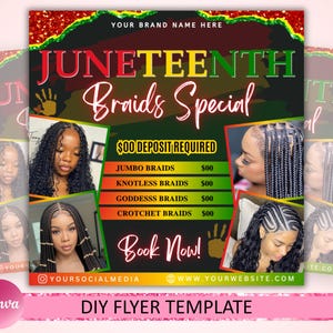 Può includere: Un modello di volantino a tema Juneteenth, con il testo "Juneteenth Braids Special". Il design include immagini di varie acconciature intrecciate e il testo "Book Now!" Il volantino è in rosso, verde, giallo e nero.