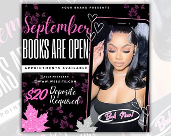 September Booking Flyer, September  Flyer, September Special Deal Flyer, Fall Flyer, Bookings, Hair Nail Lash Braid Wig Install Flyer, Canva