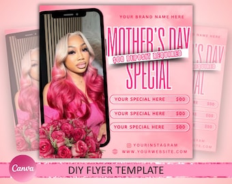 Mother's Day Special Flyer, Mother's Day Special Deal flyer, Mothers day flyer, MUA Hair Nails Braids Lash Wig Install, Canva editable