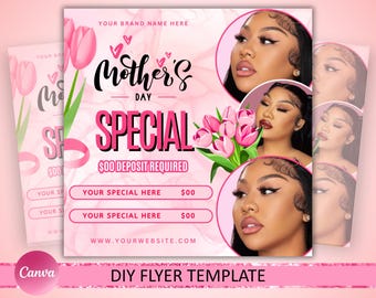 Mother's Day Special Deal Flyer, Mother's Day Special Deal flyer, Mothers day flyer, MUA Hair Nails Braids Lash Wig Install, Canva editable