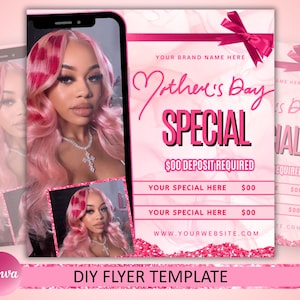 以下が含まれることがあります： ピンクと白の背景のピンクのチラシ。チラシは、00円のデポジットが必要な母の日スペシャルを宣伝しています。チラシにはウェブサイトのアドレスと、特別オファーのための2行が含まれています。