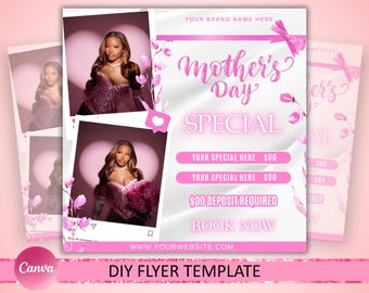 Folleto de oferta especial del Día de la Madre, folleto de oferta especial del Día de la Madre, folleto del Día de la Madre, instalación de pelucas, trenzas y uñas para MUA, editable en Canva