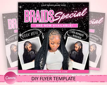 Braids Flyer, Braids Special Flyer, Braids Pricelist Flyer, Braid Special Deal flyer, Braids Bookings Flyer, Braid Flyer, Braiding, Canva