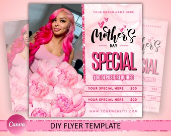 Folleto de oferta especial del Día de la Madre, folleto de oferta especial del Día de la Madre, folleto del Día de la Madre, instalación de pelucas, trenzas y uñas para MUA, editable en Canva