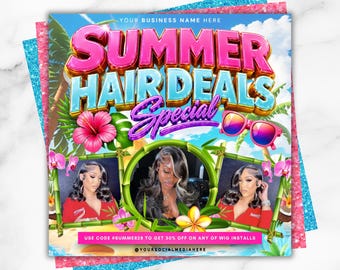 Summer Hair deals Flyer, Summer Hair Special Deal Flyer, Summer Sale Flyer, Summer Bookings, Summer season, Braids Nails Lash Hair, Canva