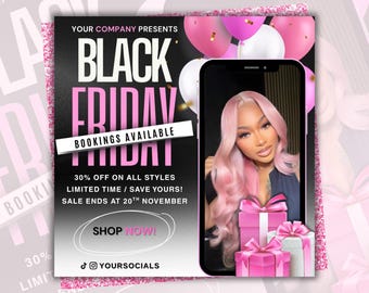 May include: Black Friday advertisement with pink and white balloons. The ad features a smartphone displaying a woman with pink hair, surrounded by pink gift boxes. Text includes "Black Friday," "Bookings Available," and "Shop Now!"