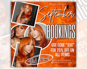 September Booking Flyer, September  Flyer, September Special Deal Flyer, Fall Flyer, Bookings, Hair Nail Lash Braid Wig Install Flyer, Canva