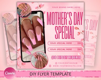 Mother's Day Special Flyer, Mother's Day Nails Special Deal flyer, Mothers day flyer, MUA Hair Nails Braids Lash Wig Install, Canva editable