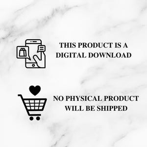 May include: Image with text: "THIS PRODUCT IS A DIGITAL DOWNLOAD" and "NO PHYSICAL PRODUCT WILL BE SHIPPED". Includes a shopping cart icon with a heart and a smartphone icon with a shopping bag.