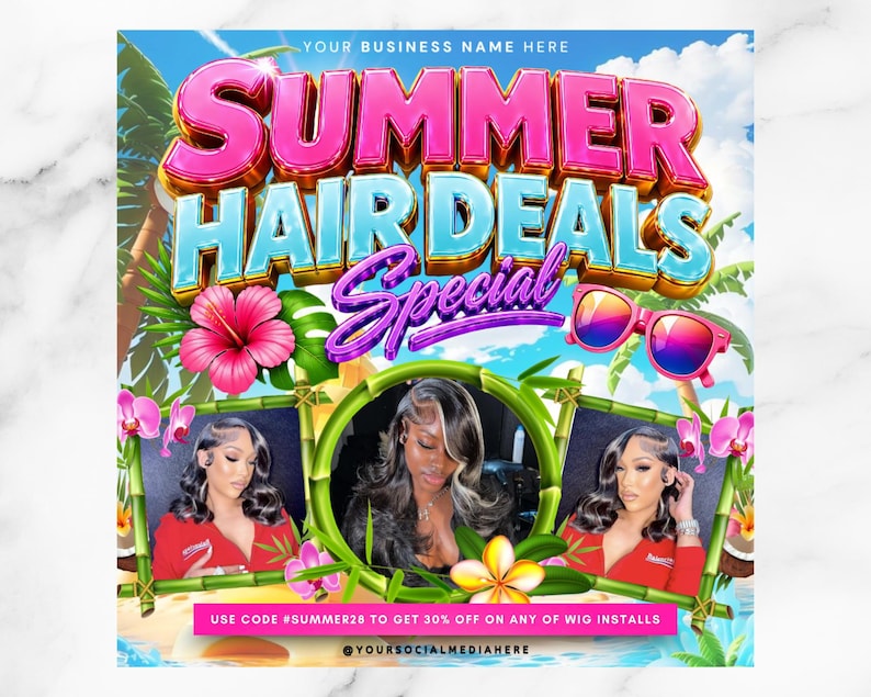 May include: A vibrant promotional graphic for summer hair deals. The design features the text "SUMMER HAIR DEALS Special" in bright colors, sunglasses, and tropical flowers. The image includes three portraits of women with styled hair.
