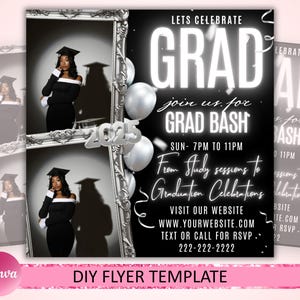 May include: A black and white graduation announcement template. The design features a photo frame with a graduate in a cap and gown, silver balloons, and the text "Lets Celebrate Grad Bash". Includes website and RSVP information.