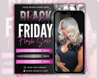 May include: Black Friday Flash Sale promotional graphic with a woman's image on a phone screen. The graphic features the text "BLACK FRIDAY FLASH SALE" in white and pink, with space for deals and social media links.