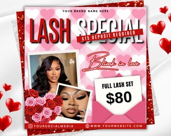 Valentines Day Lash Sale Flyer, February Lash Flyer, February Booking, Valentines Day Lashes Deals Flyer, Lash Esthetician, Lash Tech, Canva