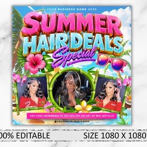 May include: A promotional graphic with the text "SUMMER HAIR DEALS SPECIAL" in pink and blue. The image includes photos of women with styled hair, sunglasses, and tropical flowers. The text "USE CODE #SUMMER28 TO GET 30% OFF" is also included.