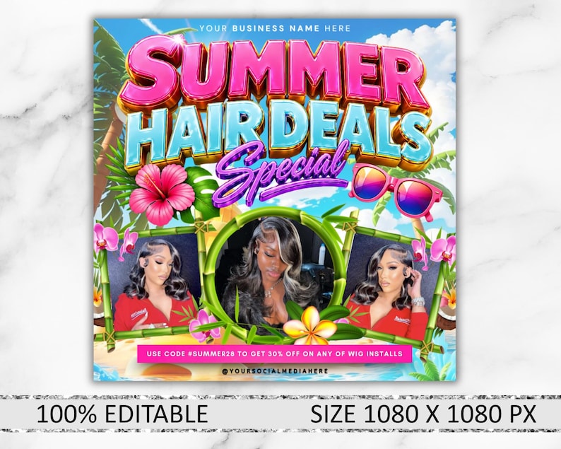 May include: A promotional graphic with the text "SUMMER HAIR DEALS SPECIAL" in pink and blue. The image includes photos of women with styled hair, sunglasses, and tropical flowers. The text "USE CODE #SUMMER28 TO GET 30% OFF" is also included.