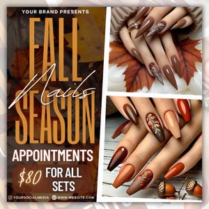 May include: An advertisement for autumn-themed nail designs. The image shows close-ups of long, pointed nails in shades of brown, orange, and beige. The text reads "Fall Nails Season Appointments".