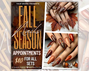 May include: An advertisement for fall nail designs. The text reads "Fall Nails Season Appointments". The image features close-ups of long, pointed nails in shades of brown, orange, and beige, with autumn-themed art.