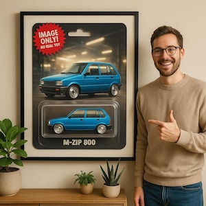 May include: A blue toy car with the text "M-ZIP 800" printed on the bottom. The car is in a frame with a red and white sticker that says "IMAGE ONLY! NO REAL TOY".
