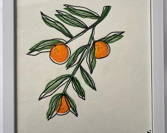 Inramad orange poster | Original handgjord illustration | Botanisk väggkonst