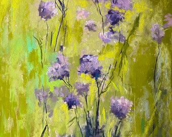 Violet Wildflower Meadow Original Soft Pastel Painting 12x18