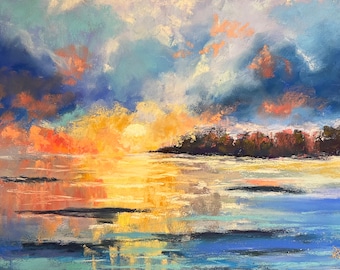 Sunset Over the Coastline Seascape Original Soft Pastel Painting 9x12”