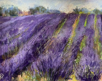 France Lavender Fields Original Floral Soft Pastel Landscape Painting 9x12”