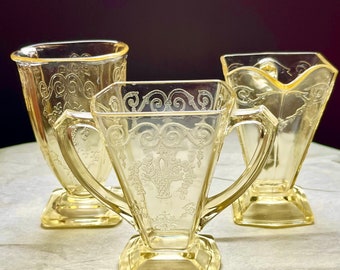 Set of 3 Lorain Depression Glass By Indiana Glass Co. Circa 1930’s Yellow Basket Pattern