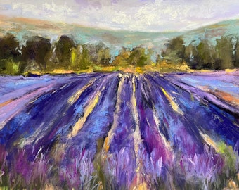 French Lavender Fields Original Landscape Art Soft Pastel Painting 9x12”