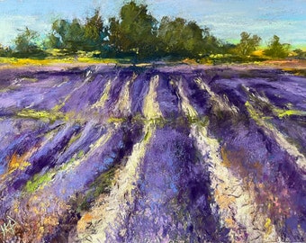 French Lavender Fields Original Floral Landscape Soft Pastel Painting