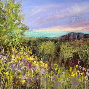 Ocean Sunset Floral Landscape Original Soft Pastel Painting