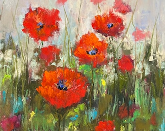 Red Poppies within the Grasses Original Soft Pastel Painting Landscape