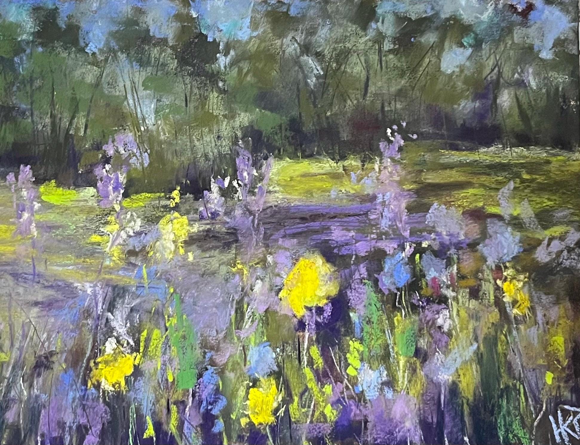 Original Impressionistic Violet And Yellow Wildflower Landscape Soft Pastel Painting On Uart Sanded Paper 9x12"