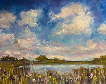 Lovely Scenic Lake and Sky Original Landscape Soft Pastel Painting 12x18 Inches