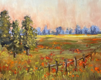 Red Floral Meadow Landscape Original Soft Pastel Painting