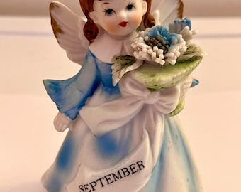 Vintage September Angel Birthday Figurine with Flowers and Wings