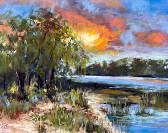 Sunset Over the Marshlands Original Landscape Soft Pastel Painting 12x16