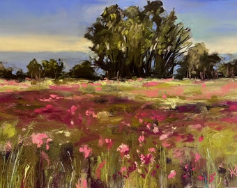 Pink Floral Landscape Original Soft Pastel Painting 9x12