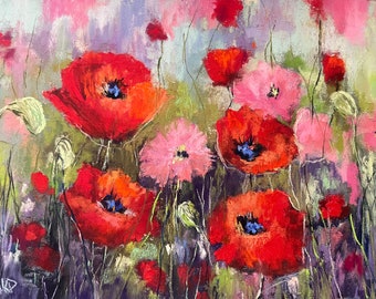 Poppy Explosion Original Floral Soft Pastel Painting