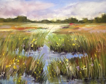 Marshland with Yellow and Violet Flowers Original Landscape Soft Pastel Painting